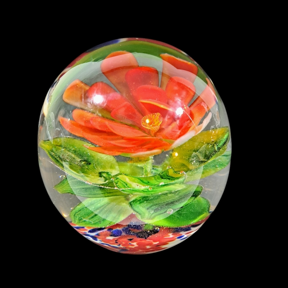 Vintage Red Flower Green Leaves Paperweight Art Glass 3.5"